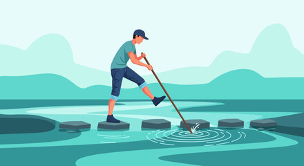 A Person Crossing A River Via Stepping Stones Depicting A Journey Concept