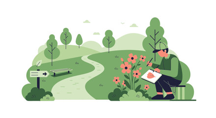 A Person Drawing a Leaf in Nature, Capturing The Beauty, Peaceful Scene Environment