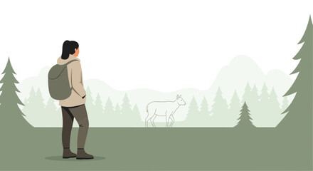 A Person Encounters a Wild Animal in a Serene Forest Environment Scene