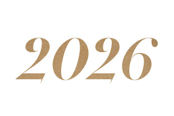 Elegant 2026 typography design in brown paper texture isolated on transparent background