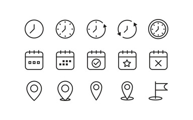 Clock, calendar, and location icons set of black line icons. Clock icon. Calendar icon. Location pin icon. Modern simple symbols. Vector illustration.