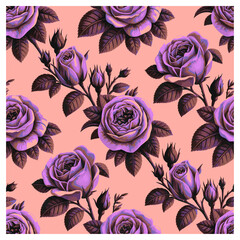 This stunning floral design features rich, detailed purple roses with deep green leaves, set against a soft peach background. The striking contrast between the bold purple hues and the warm peach.