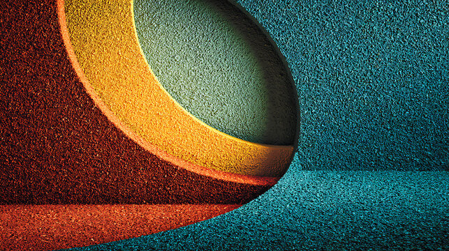 Minimalist, abstract background with a large curved opening and strong contrasting colors of teal and orange