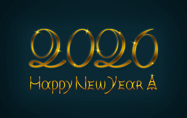 Happy New Year 2026 gold handwritten isolated on blue background.