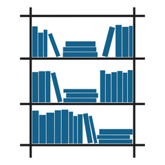 Three shelf black bookcase filled with teal blue books and stacks shelves