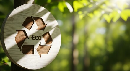 Wooden recycle symbol and 'ECO' sign hanging on a tree in a sun-dappled forest, representing environmental sustainability, green living, and ecological awareness for a better future