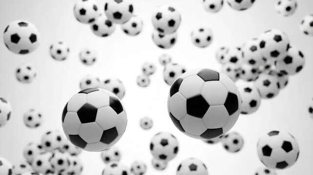 Floating soccer balls isolated on white background in a dynamic composition