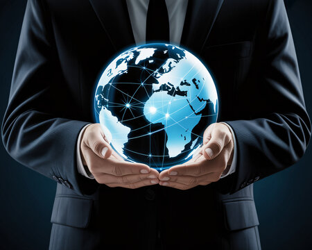 Professional businessman holding illuminated globe representing global business, networking, & international connections