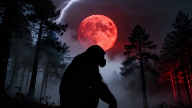 Silhouette Of A Primate Gazing At A Large Blood Moon During A Lightning Storm In A Dark Forest With Red Glowing Trees