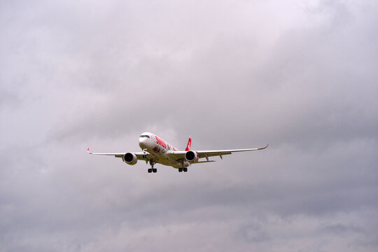 Swiss passenger airplane Airbus A350-900 registration HB-IFA landing at Swiss Zurich Airport after a go-around on a cloudy windy autumn day. Photo taken October 25th, 2025, Zurich Kloten, Switzerland.