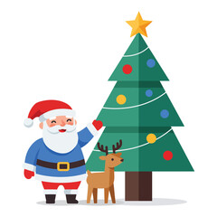 Santa Claus Reindeer and Christmas Tree Cartoon Flat Vector Illustration