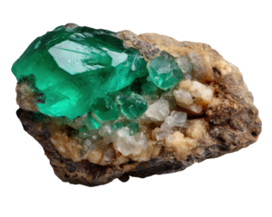Captivating raw emerald crystal, natural green mineral and precious stone. This valuable uncut gemstone sits embedded in rock matrix against transparency background
