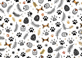 Whimsical hand drawn pattern of cute cats paw prints and playful cat toys on a white background