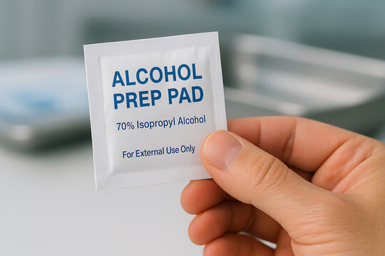 Close-up view of a hand holding an alcohol prep pad, clearly showing the packaging labeled &ldquo;70% Isopropyl Alcohol&rdquo; with sterile medical equipment blurred in the background.