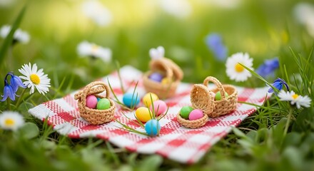 Miniature easter picnic scene with eggs, baskets, and flowers, whimsical