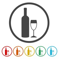 Wine bottle with wine glass icon. Set icons in color circle buttons