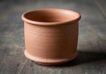 Minimalist terracotta pot sitting on rustic wooden surface indoors