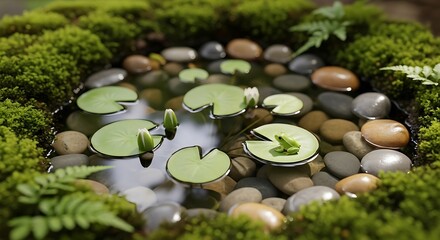 Peaceful miniature pond environment with frog, flora and soothing stones