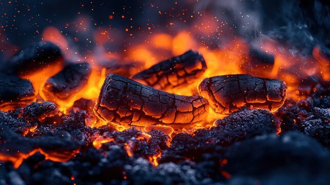 Glowing embers burn with intensity, hot sparks rise from the charcoal pieces