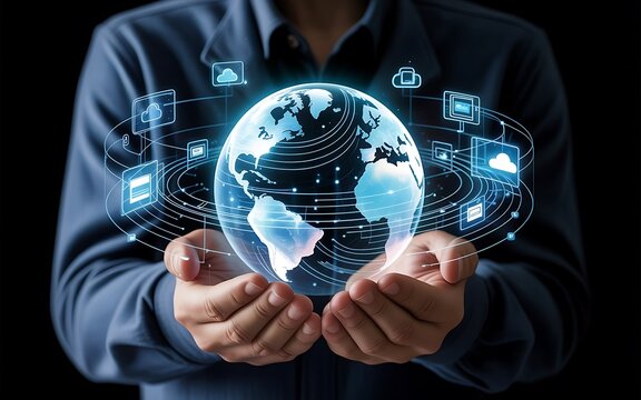 Person Holding Digital Globe with Cloud Computing and Technology Icons – Futuristic Tech Concept