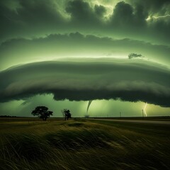 Spectacular storm system with rotating funnel cloud over rural landscape displaying the raw power of nature