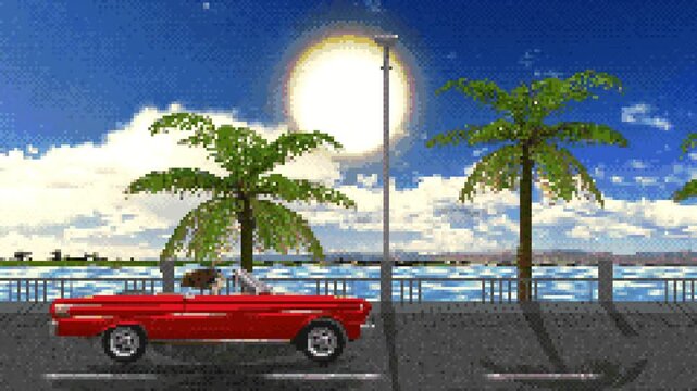 A red convertible driving against a backdrop of sea and palm trees in 8-bit graphics. Retro pixel animation of a tropical island. Retro pixel intro in the style of the 80s and 90s. Looping animation.