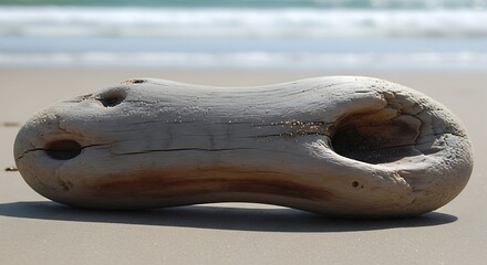 Sun-Bleached Driftwood Rests on Sandy Shores Under a Gentle Horizon