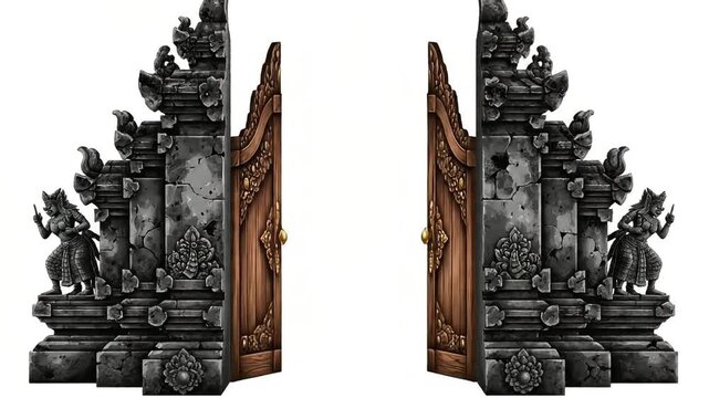 Traditional Balinese Temple Gate with Ornate Carvings Opening and Closing Loop Animation