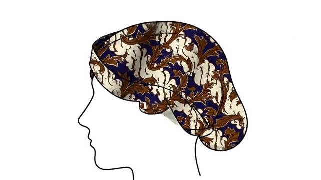 Elegant baroque patterned hair bonnet illustration with blue and brown floral design on cream background