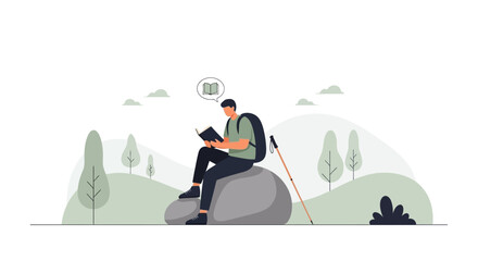 A Person Reads a Book While Resting on a Rock During an Outdoor Hike