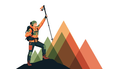 A Person Reaching The Summit, Hiking and Mountain Climbing in a Scenic Landscape