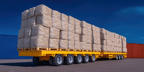 Semi trailer transporting hay bales on pallets