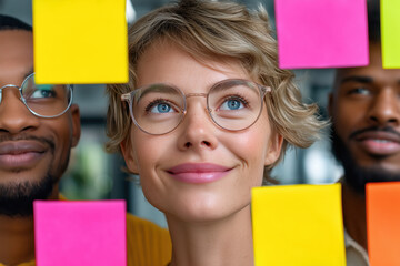 Diverse team brainstorming new ideas using sticky notes
