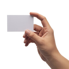 Obraz premium Hand holding a blank business card isolated on transparent background for mock up presentation