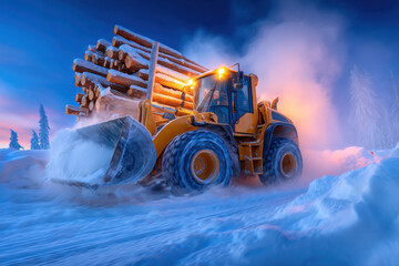 Logging machine pushing snow carrying logs in winter