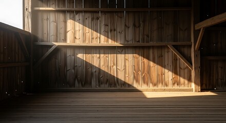 Sunlit rustic barn interior creates dynamic shadows and textures