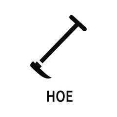 Simple black line drawing icon of a hoe tool with the word hoe underneath against a