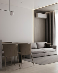 Modern apartment interior with cozy sofa, dining area, and warm neutral tones.