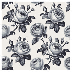 This timeless floral design features soft, detailed grayscale roses with rich shading, set against a neutral beige background. The contrasting black and white hues create a sophisticated.