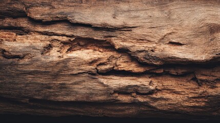 Fototapeta premium A close-up of weathered wood showcasing intricate textures and natural patterns, highlighting its organic beauty and rich brown tones.