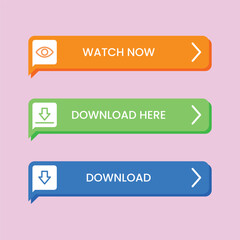 Obraz premium Collection of essential call-to-action buttons for web design and user interfaces. This vibrant vector set includes options like 'Watch Now' and 'Download,' perfect for enhancing digital content