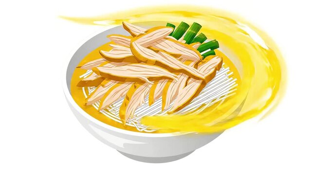 Animated Chicken Noodle Soup Illustration. Top-down view of delicious hot soup with noodles, sliced chicken, and green onions being assembled in a bowl.