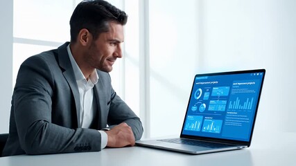 Portrait of a Smiling Man in Gray Suit Examining Blue Financial Charts on Laptop Screen in Bright Office Setting - Powered by Adobe