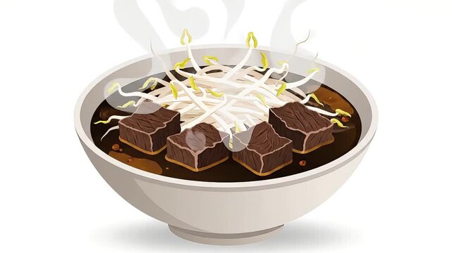 Dark liquid in a white bowl, top view, isolated on white background. Simple soup base or broth graphic element.
