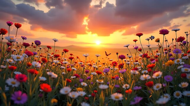 Vibrant wildflower meadow at sunset with colorful blossoms and a butterfly in flight