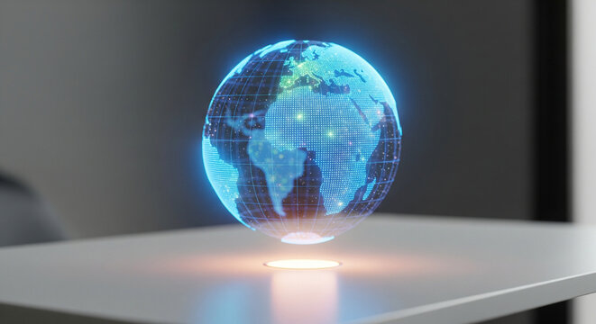 Holographic Earth Globe: Global Network and Future Technology Concept
A stunning, high-resolution image featuring a glowing blue holographic projection of the Earth globe