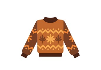 Autumn Sweater Illustration with Geometric and Leaf Pattern. Cozy Fall Fashion Knitwear.