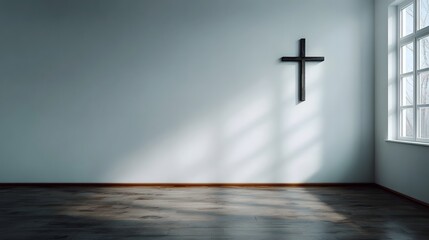 Minimalist room with a cross on the wall illuminated by sunlight streaming through a window