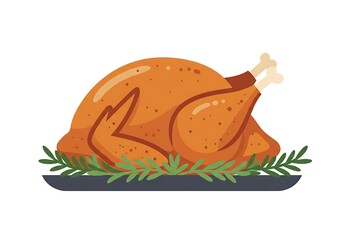 Roasted Turkey on Platter with Green Garnish. Festive Holiday Meal Illustration.
