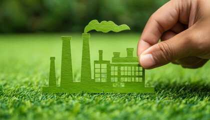 
Eco-friendly grass-based factory model demonstrating green industry, sustainability, and environmental responsibility